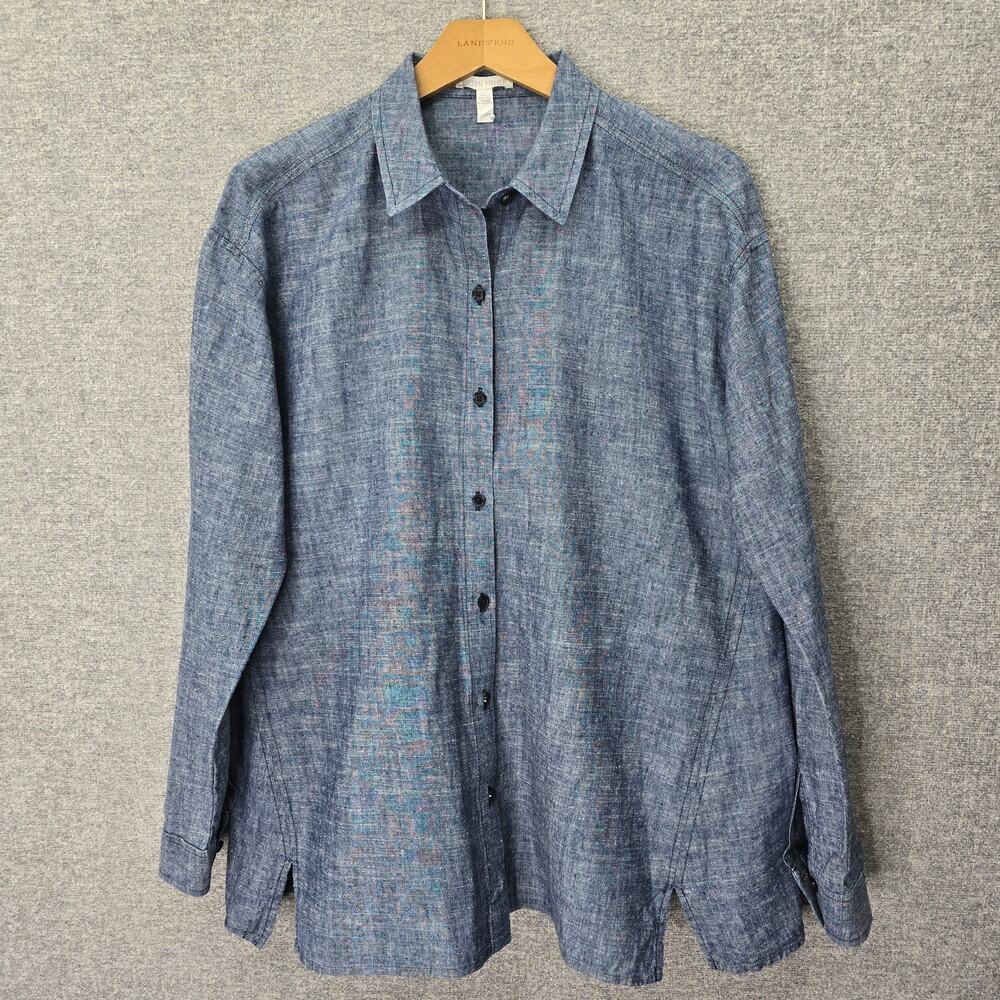 EILEEN FISHER CHAMBRAY HEMP BLEND BUTTON SHIRT, SIZE XS